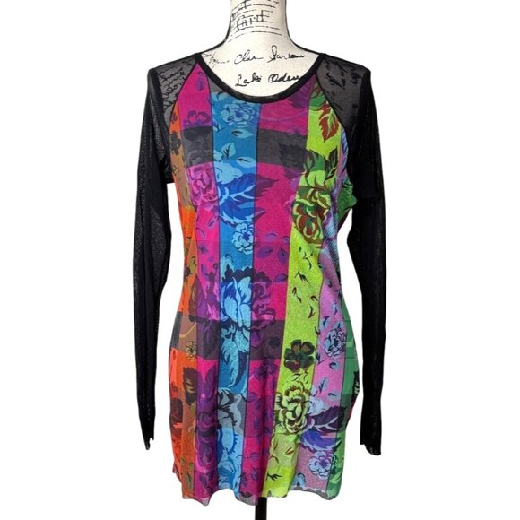 Petit Pois Rainbow Flower Raglan Top Long Sleeve Sheer Mesh Stretch Tunic Size L - Picture 1 of 8